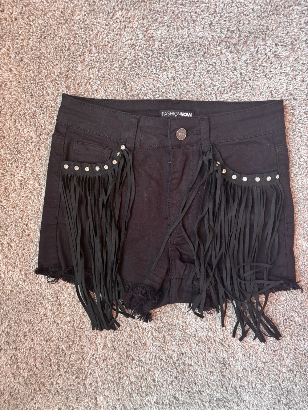 Fashion Nova Black Studded Fringe High-Waist Jean Shorts
